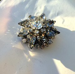 Vintage Miriam Haskell Signed Rhinestone Starburst Brooch Smoky Gray Navette Mid