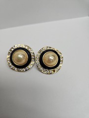 2 Pair VTG Earrings Carol Lee Pierced And Gold-tone Clip On Black Enamel,Faux P.
