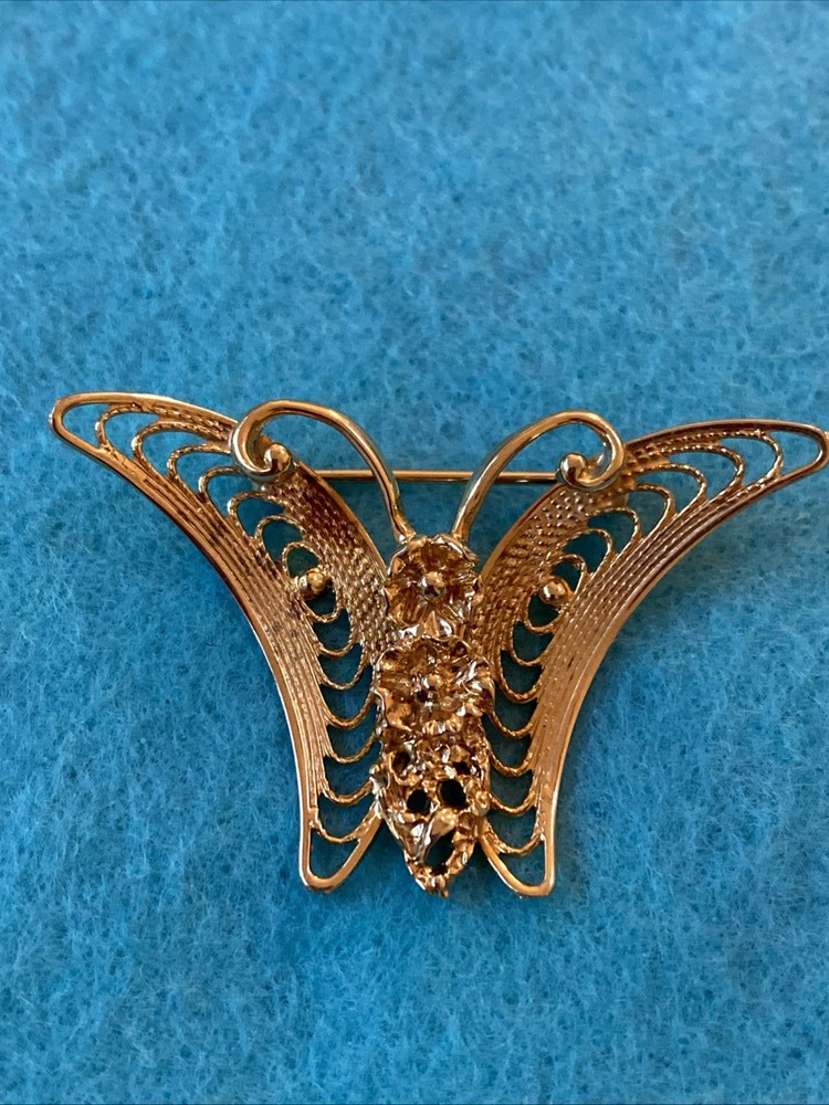 925 Sterling Silver Vintage Signed BEAU Filigree Floral BUTTERFLY Pin Brooch