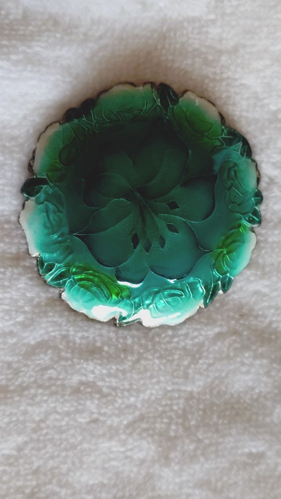 Japanese Shippo Cloisonne Enamel Green Floral Round Brooch Traditional Craft
