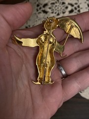 Vintage Green Blue Red White Enamel Gold Tone CLOWN With UMBRELLA Brooch Pin