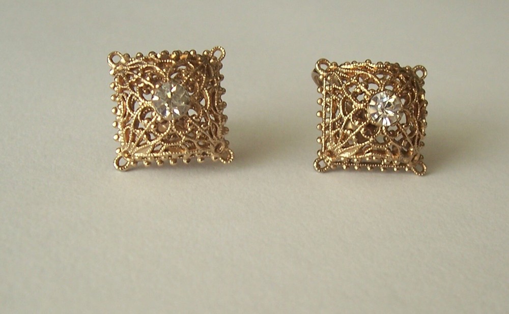 Vintage GOLD-FILL FILLIGREE SCREW-ON EARRINGS with CZ