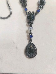 Vintage Avon SH Y Drop Necklace Y2K Gun Metal Blue Rhinestone