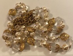 Vtg Miriam Haskell Signed Faux Pearl Lucite Ornate Russian Gold Beaded Necklace