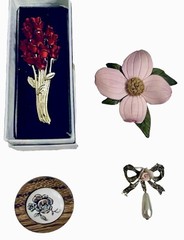 Lot 4 Vintage Estate Mixed Brooches/Pins Floral Themed Dogwood Roses Bow More