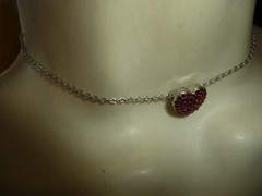 CHOKER SILVER TONE HEART w RED RHINESTONES SILVER TONE CHAIN NECKLACE #23/5A