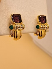 VTG Nolan Miller Clip On Earrings Gold Tone Purple Green Retro Glam Dynasty
