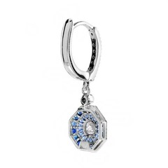 Art Deco Style Lab Created Diamond & Sapphire Wedding 14K White Gold FN Earrings
