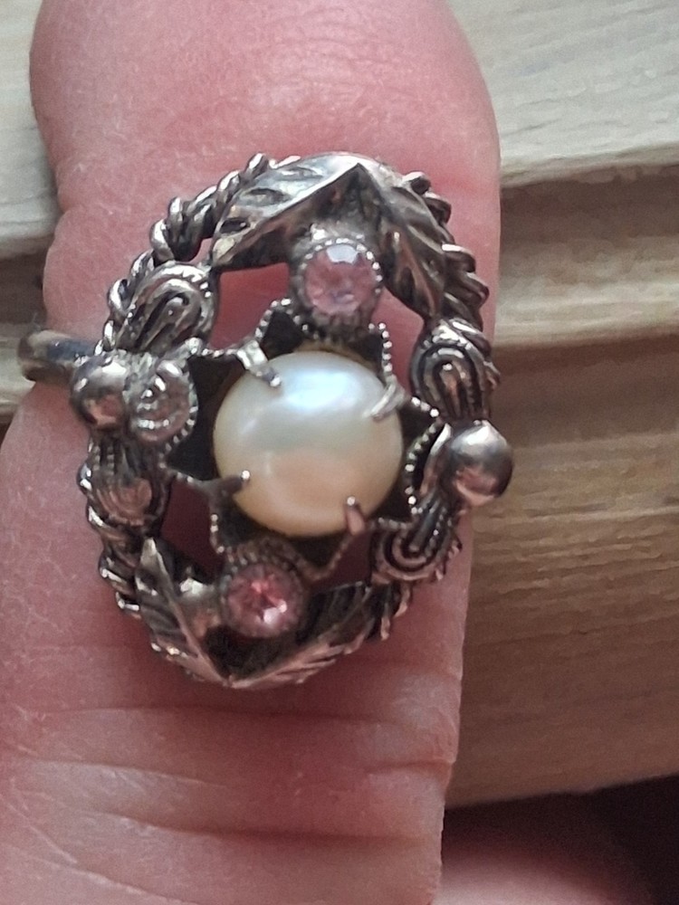 Western Germany pearl & pink rhinestone silver-toned floral ring. SZ 5.75