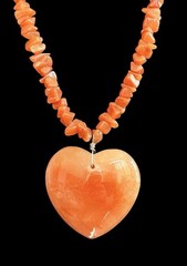 Vicky Jousan Boho Orange Calcite Heart Pendant & Aventurine Chip Necklace~1990s