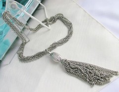 Vintage Cable & Curb Chains 5.5″ Tassel Pendant Necklace Silver Plate Onion Bead