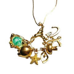 Vintage Signed Monet Gold Tone Charm Holder Necklace 30″ Monet Charms