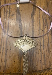 NWT Vintage Inspired VILLAGER 15” Open Fan Pendant Necklace Lavender Ribbon