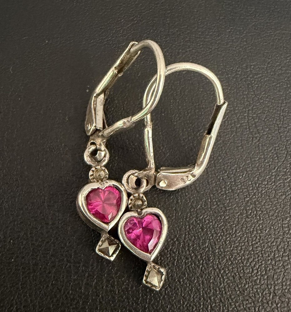 Vintage Sterling Silver Red/Pink Heart Dangle Earrings