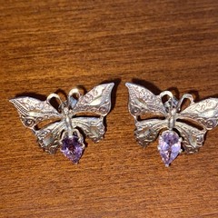 Vintage Purple Amethyst Silver Filigree Wing Butterfly Earrings.