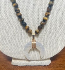 Estate 1970s Boho Beaded Necklace Hippie Moon Pendant-Tigers Eye & Agate-24”