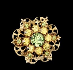 Vintage Gold Tone & Yellow Glass + Green Irradiated Glass Floral Brooch~1950s