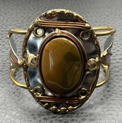 Vintage Mixed Metal Huge Stone Cuff Bracelet 7.5″ Gold Tone