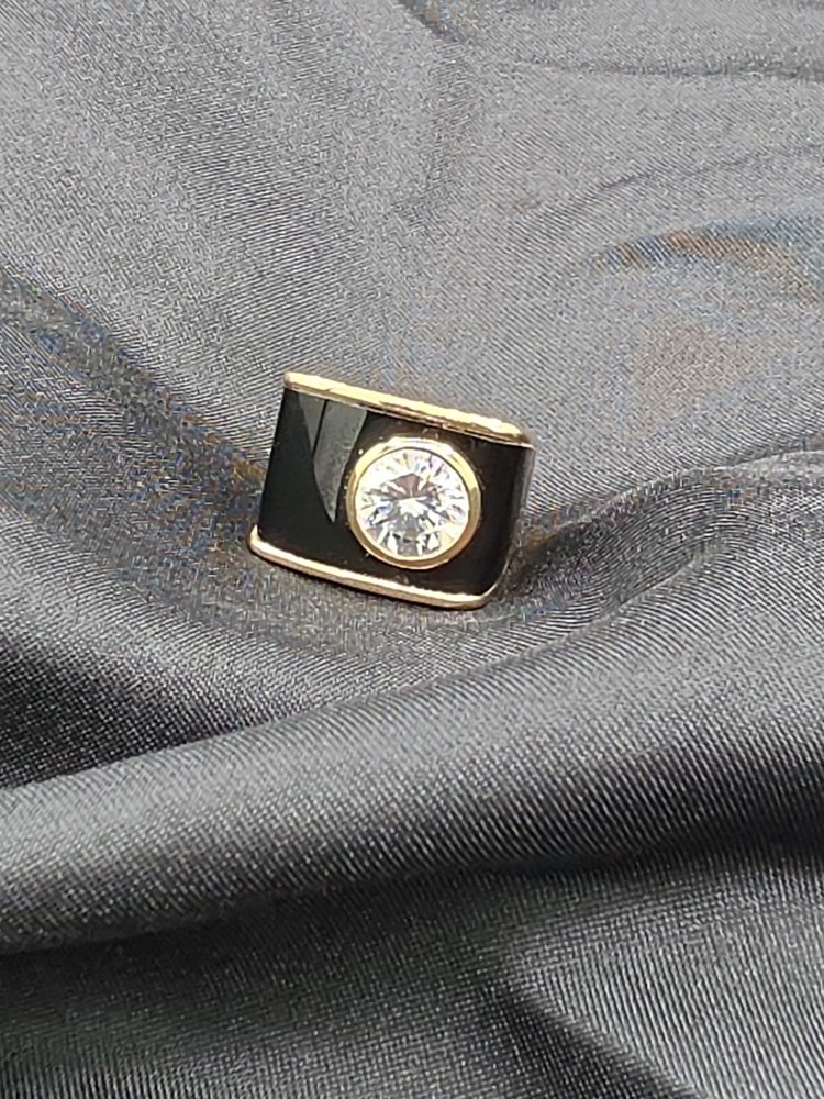 Vintage Sterling Silver 925 Gold on Huge Black Enamel CZ Statement Ring 9.5