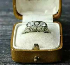 Art Deco Three-Stone Round Lab Created Diamond 14K White Gold FN Engagement Ring