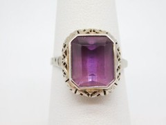 ANTIQUE 14K WHITE & YELLOW GOLD FILIGREE AMETHYST STONE RING SIZE 7