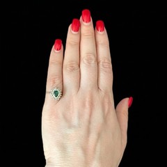 Vintage Pear Cut Emerald Diamond 14k Yellow Gold Double Halo Ring Engagement