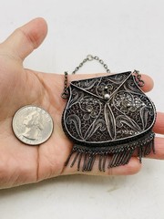 Antique Silver Tone Intricate Filigree Swirl Flower Coin Perfume Purse Pendant