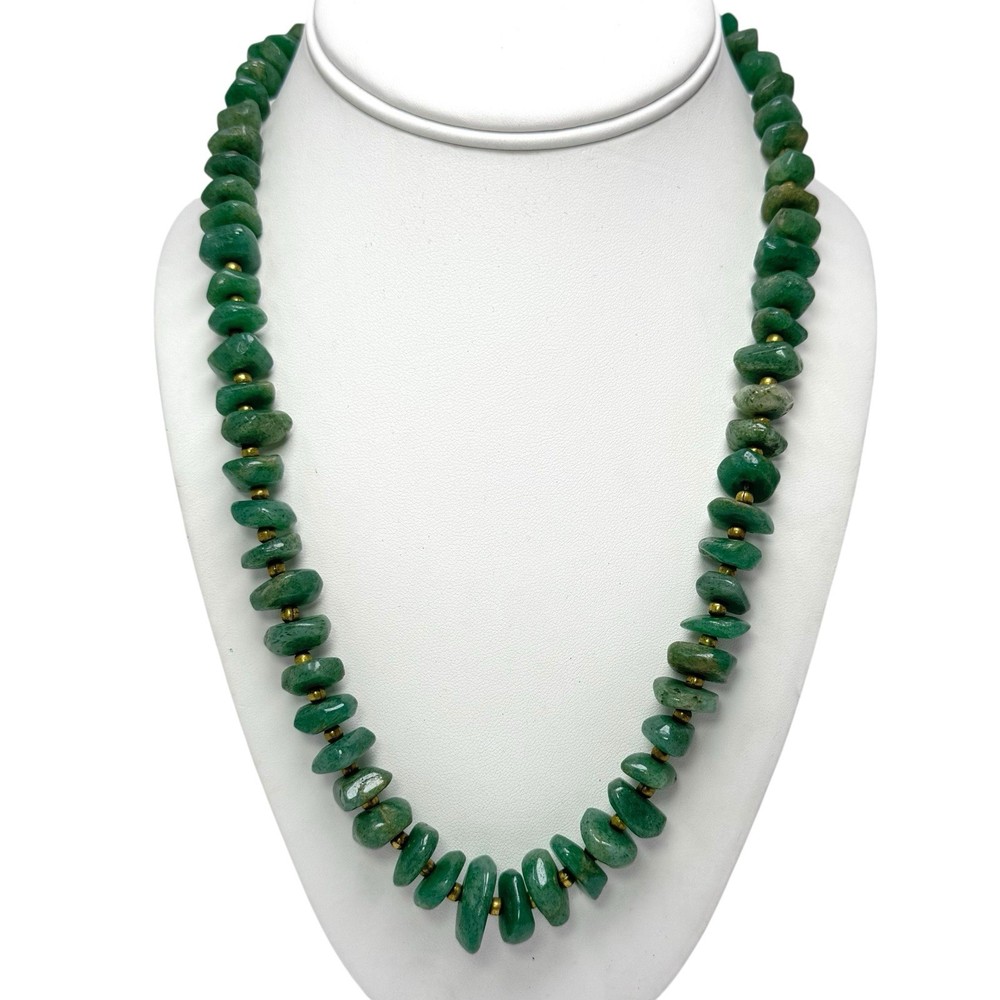 Vintage Green Aventurine Irregular Nugget Goldtone Bead Necklace