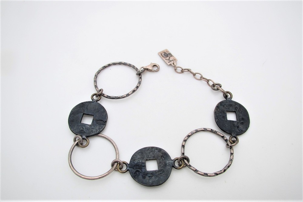 Sterling Round Link & Faux Coin Bracelet Signed KC