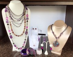 Purple Themed Jewelry Lot (11 Pieces) Silver/Gold tone Rhinestone Beads Enamel
