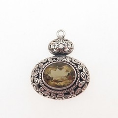 925 Sterling Silver Vintage Real Smoky Quartz Floral Scroll Oxidized Pendant