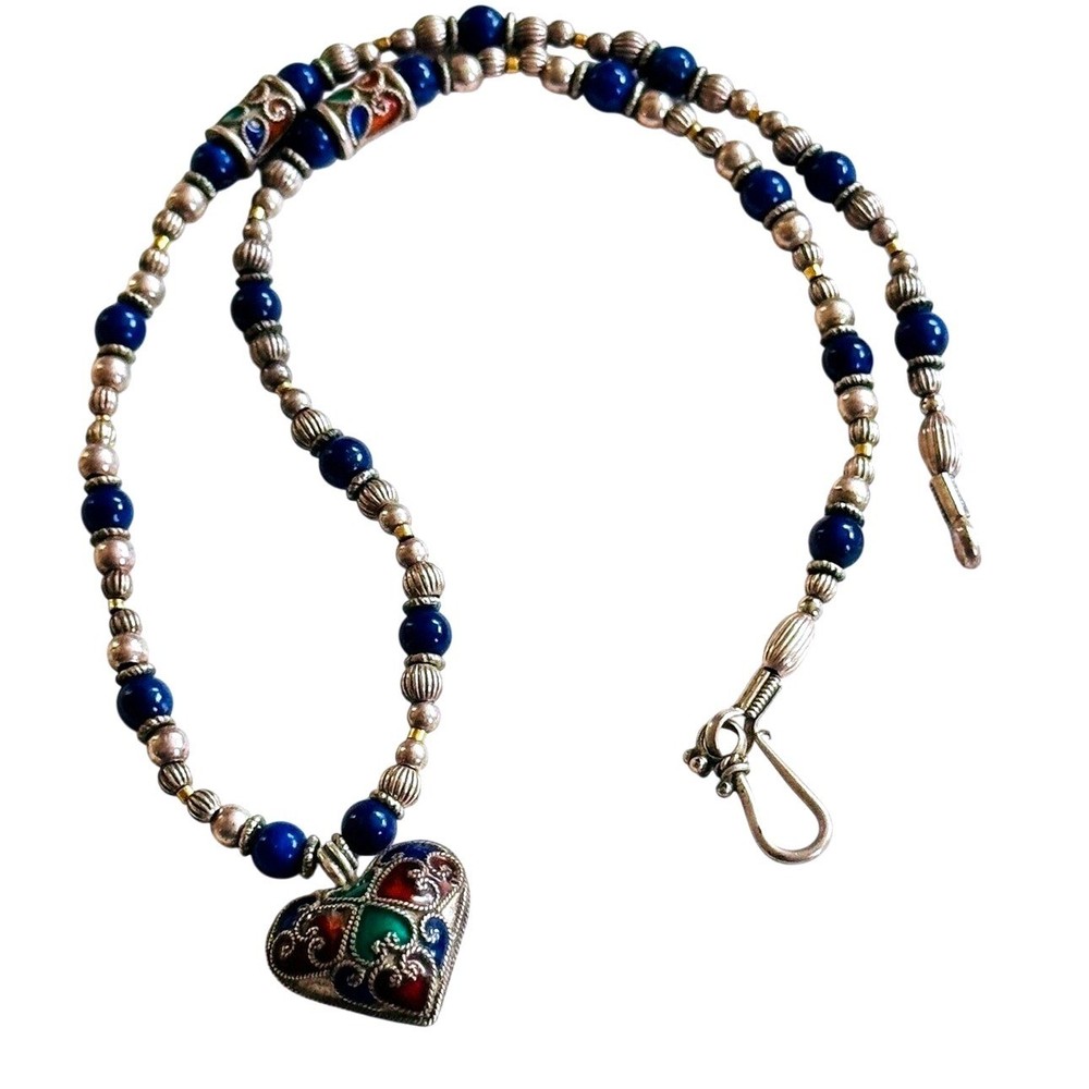 VTG Chinese Heart Cloisonné Blue necklace Silver Lapis Lazuli Beaded China 16″L