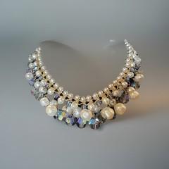 Vintage Filigree Beads Cha Cha Beaded Necklace with Faux Pearls AB Rhinestones