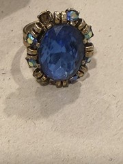 Vintage Uncas Blue Rhinestone Cocktail Ring Aurora Borealis Statement Ring