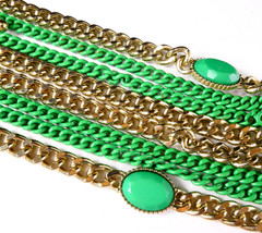 Multi Chain Necklace Gold & Green Enamel Oval Accents Designer Quality