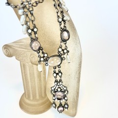 Vintage Moonstone Rhinestone Simulated Pearl Necklace Victorian Poured Glass