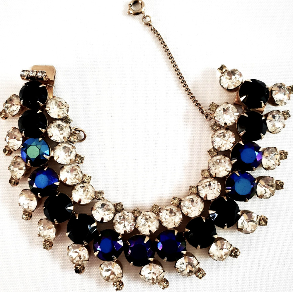 VTG Hobé Elegant Bracelet w/Clear, Blue & Black Jewels in Gold-plated Setting