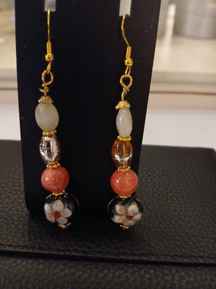 Vtg Cloisonne & Jade Dangle Earrings Gold Plated