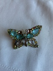 Vintage Rhinestone Butterfly Brooch Aqua Teal Gold Tone Mid Century Style