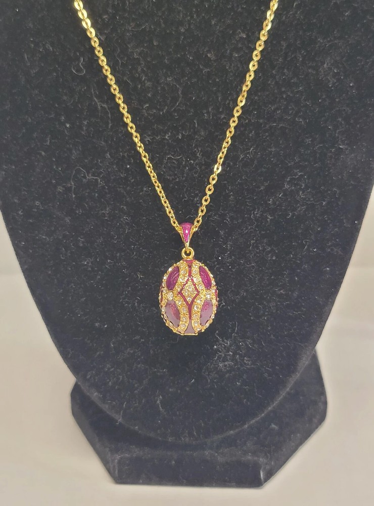 Geometric purple and cubic zirconia fabrege egg necklace
