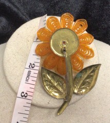 Antique Gold Tone Costume Large Orange Plastic Floral Enameled Leaves Pin MM897