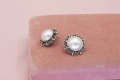 Vintage Sterling Silver Marcasite Faux Pearl Round Post Earrings – Ideal Gift