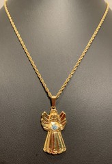 Beautiful Avon Vintage Gold Tone Angel With Blue Rhinestone Pendant Necklace