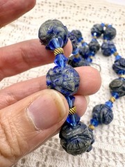 Vintage Hand Carved Lapis Lazuli Shou Bead Necklace 20”