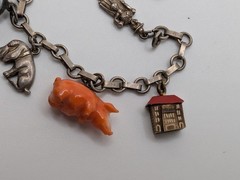 Vintage Austrian 900 Silver Glücksbringer 1939 Lucky Charm Bracelet Coral Pig 7″