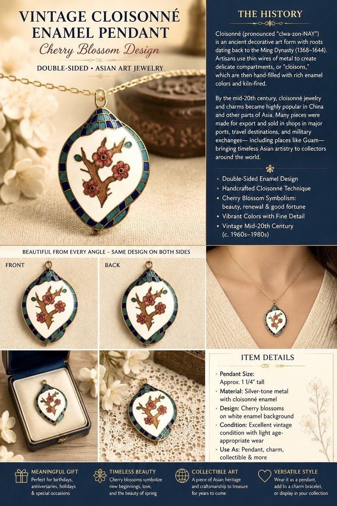 Vintage Cloisonné Cherry Blossom Necklace Gift Ready Pendant & Gold Plated Chain