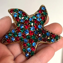 Vintage WEISS signed Red, Green, Blue Colored Starfish Crystal Rhinestone Brooch
