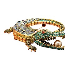 Large Alligator Brooch Multicolor Green Gold Tone with Lucky Pearl