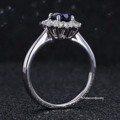 0.80CT Navy Blue Sapphire & 0.95CT White Moissanites 10K White Gold Halo Ring FN