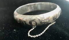 Vintage Sterling Silver 925 Hinged Etched Bangle Bracelet Safety Chain Thai